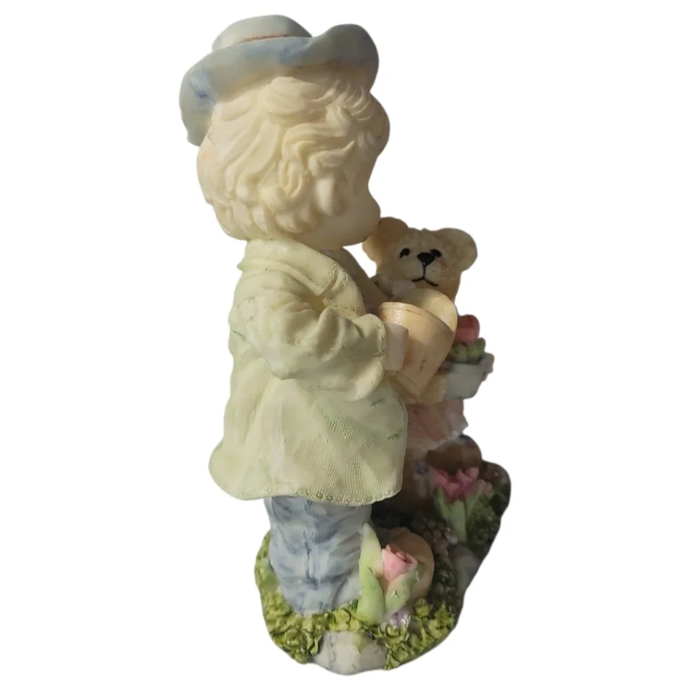 Vtg 90's Resin Figurine Statue Boy Girl Teddy Bear Garden Roses Water Pitcher
